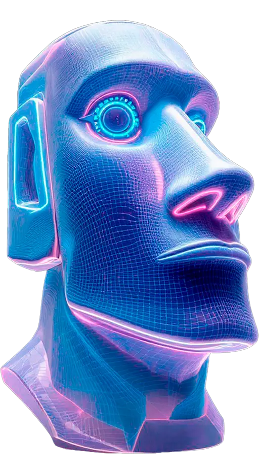 Cabeza estilizada en 3D con luces neón, representando la fusión entre tecnología y creatividad en el ámbito del SEO.