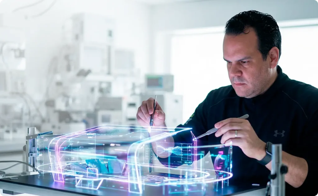 Un profesional trabaja en un prototipo holográfico en un entorno tecnológico avanzado.