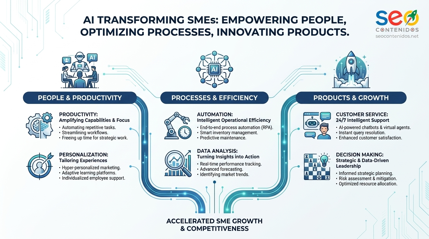 Infografía sobre cómo la IA transforma personas, procesos y productos en una pyme