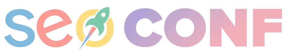Logotipo colorido de SeoConf, un evento dedicado a la optimización en motores de búsqueda y marketing digital.