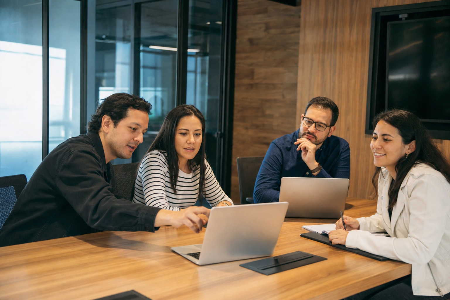 Equipo de emprendedores revisando métricas y decisiones estratégicas en una sala de trabajo moderna