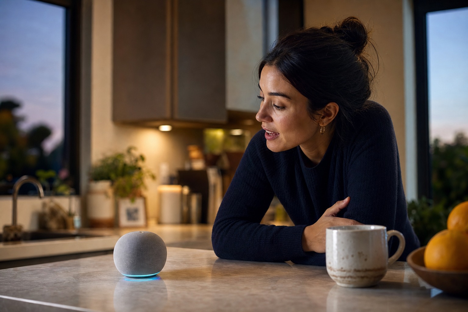 Altavoz inteligente de Google con Gemini sobre una encimera en un hogar moderno