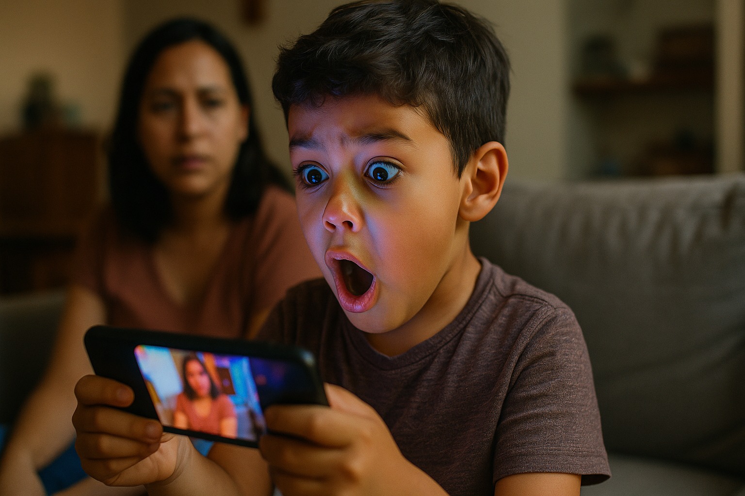 Niña reaccionando con asombro a un video corto en un teléfono móvil