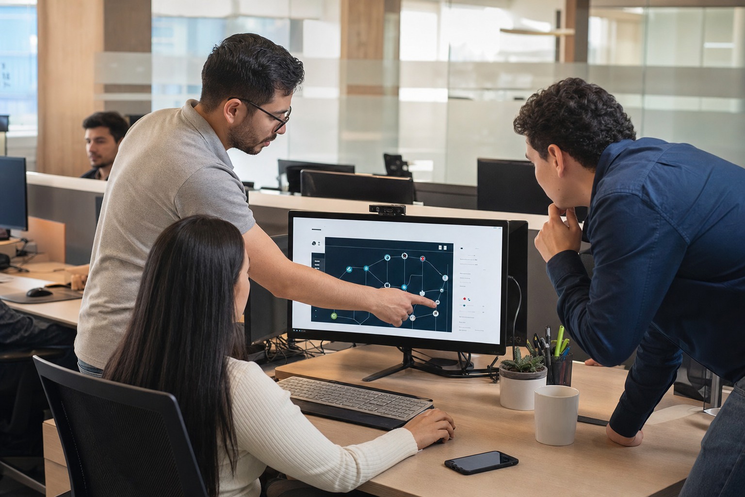 Equipo empresarial revisando flujos de atencion con chatbots y asistentes virtuales en una oficina moderna