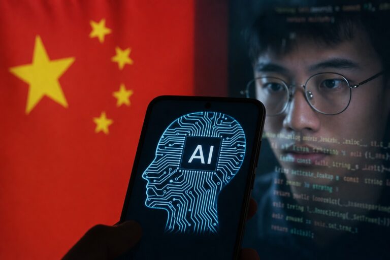 Ilustracion editorial realista sobre China evaluando restricciones al acceso internacional a sus modelos de IA avanzados