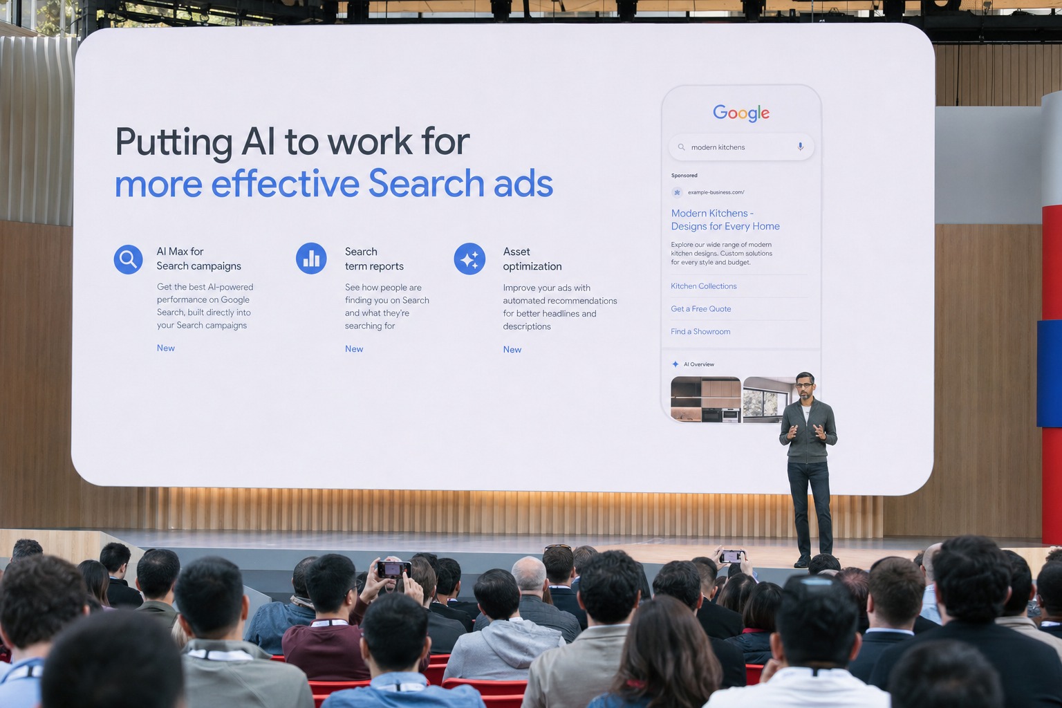 Ejecutivo de Google presenta en un escenario las nuevas herramientas publicitarias con IA para Search y AI Max