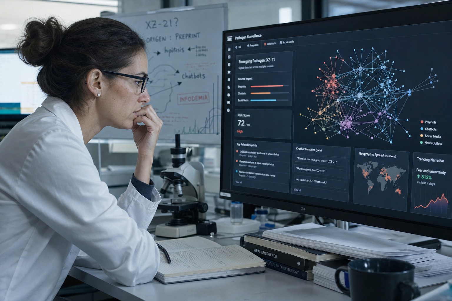 Investigadora analiza en una pantalla medica como una enfermedad ficticia se propaga desde documentos falsos hacia sistemas de inteligencia artificial