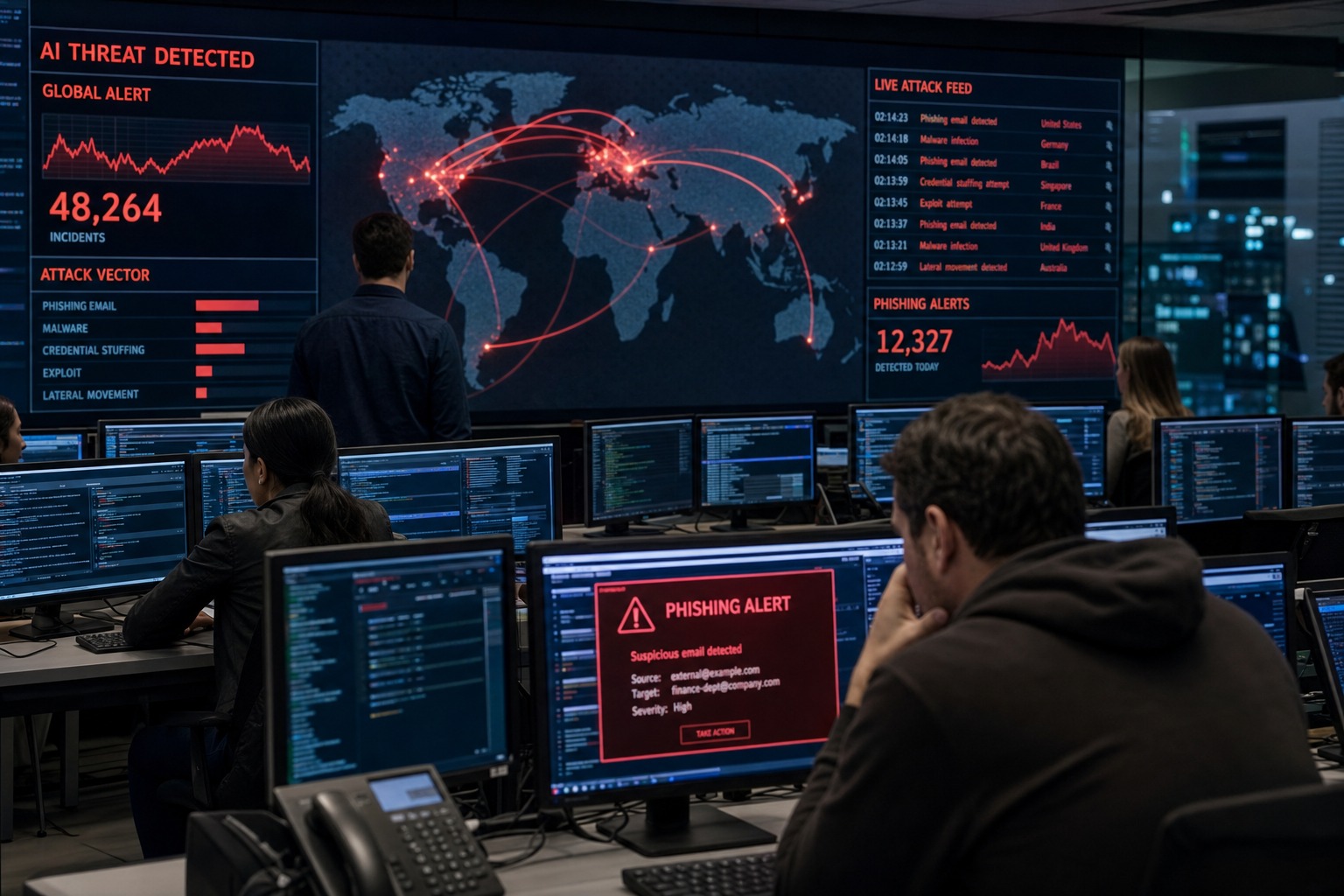 Portada editorial sobre ciberataques acelerados por inteligencia artificial en un centro de operaciones de seguridad