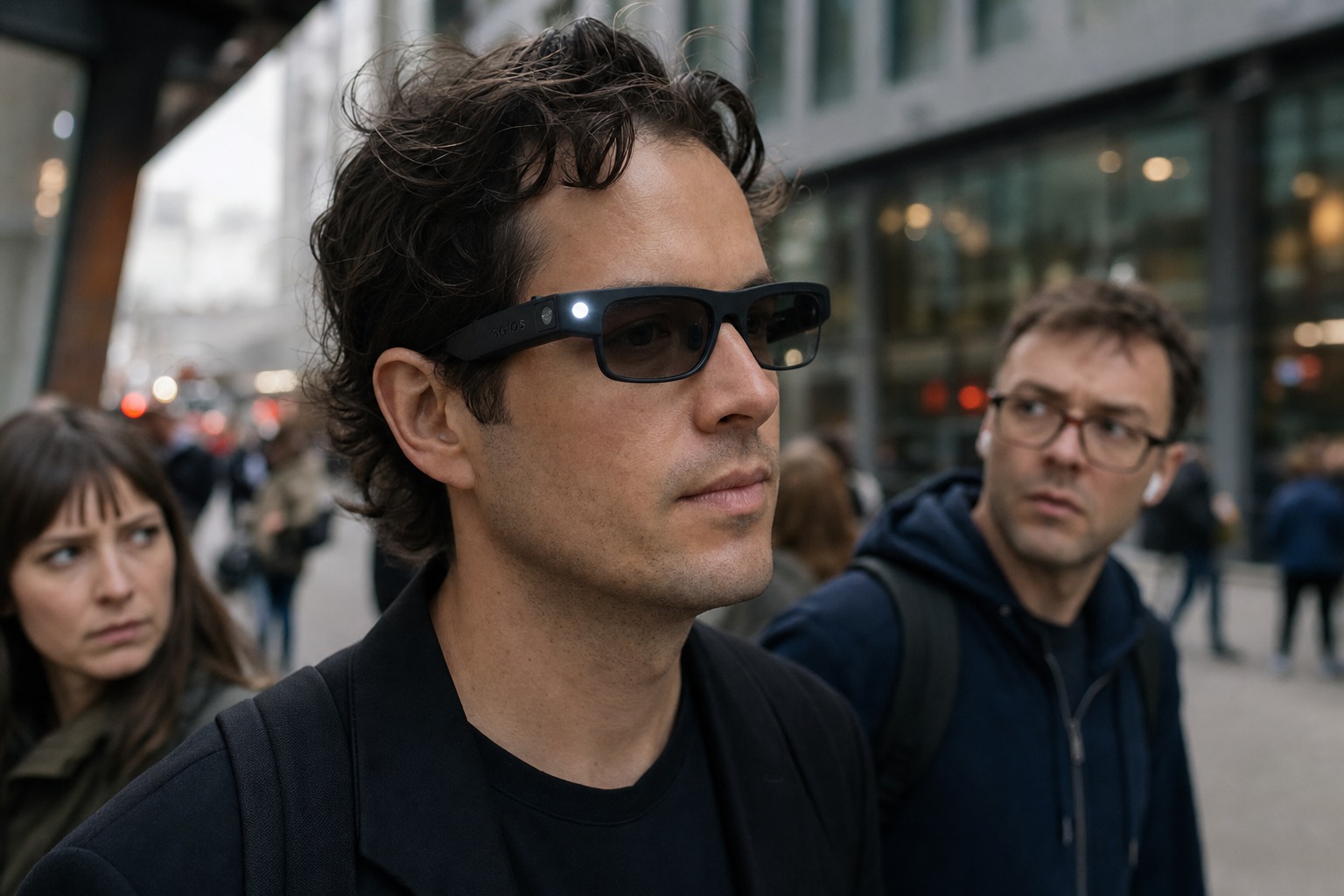 Persona usando lentes con IA en una calle urbana, con luz de grabacion visible y peatones al fondo