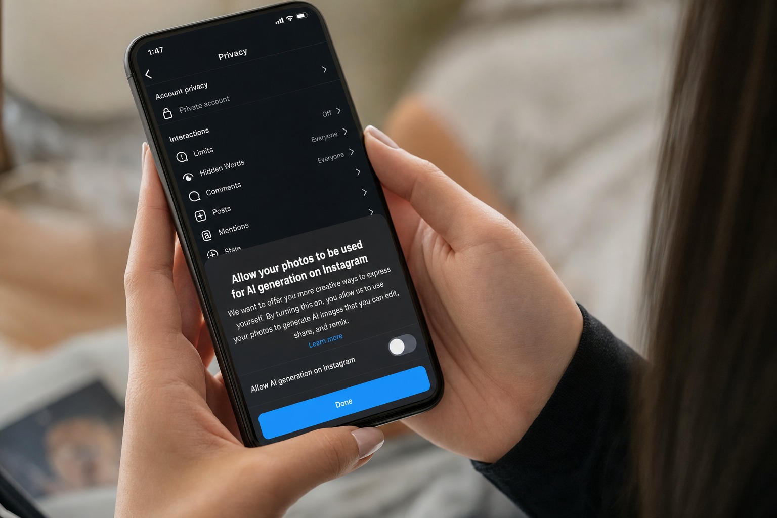 Persona revisando en un telefono los ajustes de privacidad de Instagram mientras una funcion de generacion de imagenes con IA queda desactivada.
