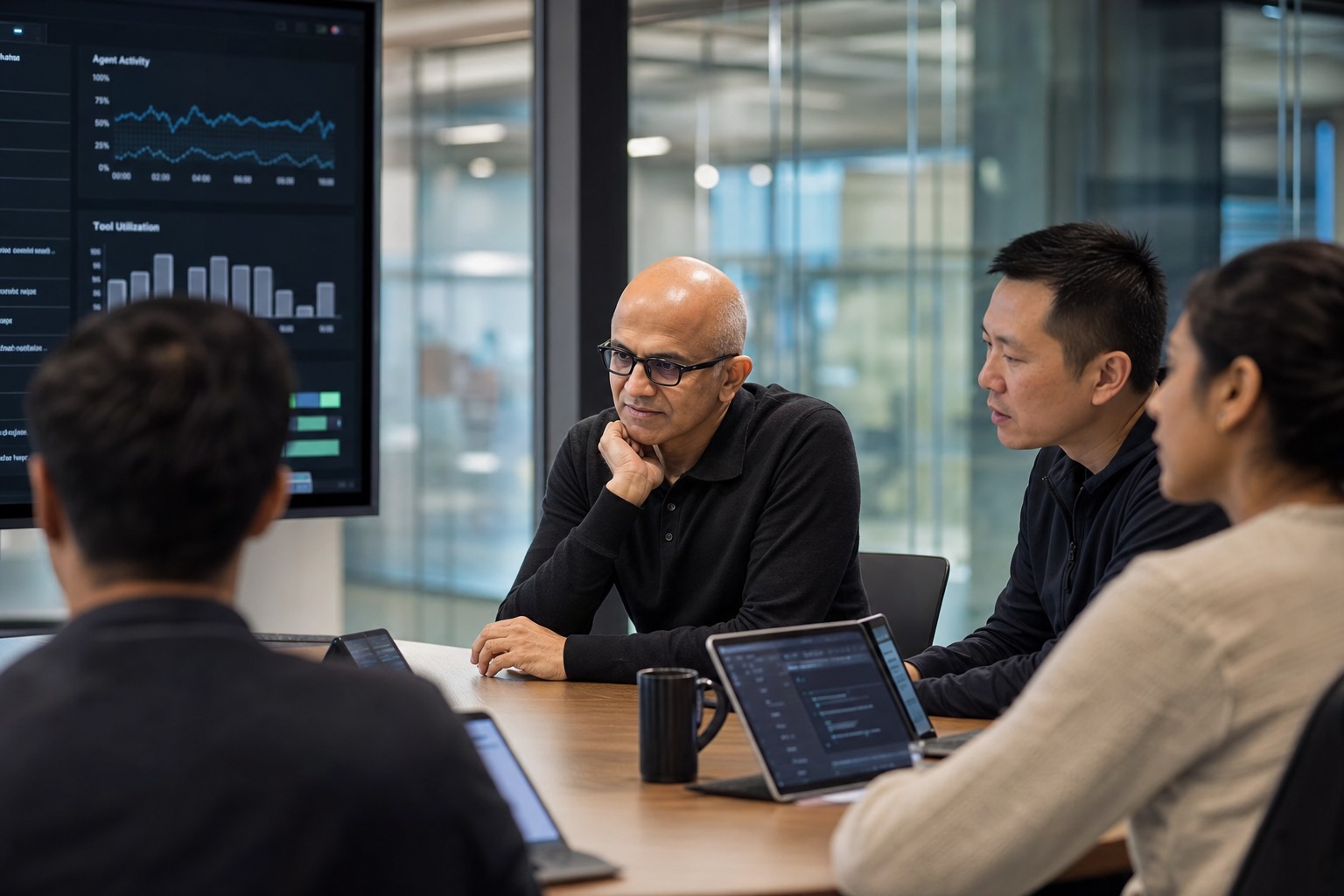 Satya Nadella en una sala de juntas con paneles de datos y especialistas, como simbolo de la nueva ofensiva empresarial de Microsoft con IA.