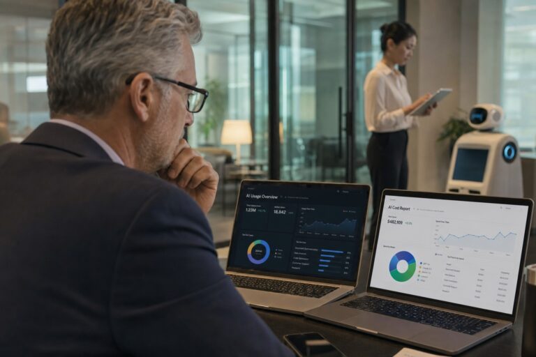 Ejecutiva financiera revisa paneles de uso y costo de inteligencia artificial empresarial en una oficina moderna