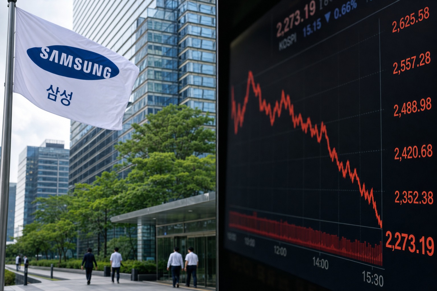 Vista editorial de una planta de semiconductores de Samsung y un panel bursatil en Seul que ilustra el salto de ganancias y la caida de la accion