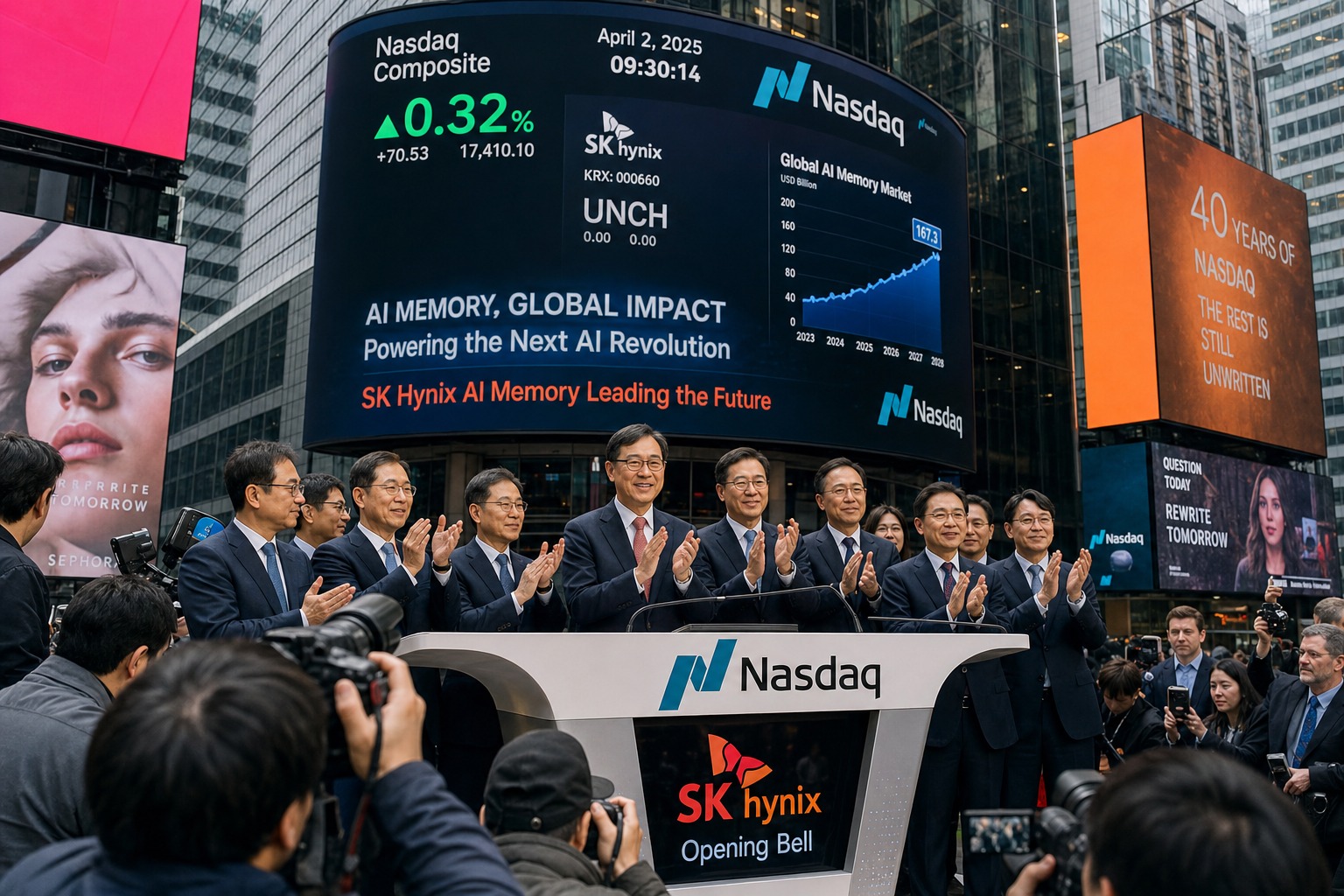 Ejecutivos de SK Hynix durante el debut bursatil de la empresa en Nasdaq, con pantallas de mercado al fondo