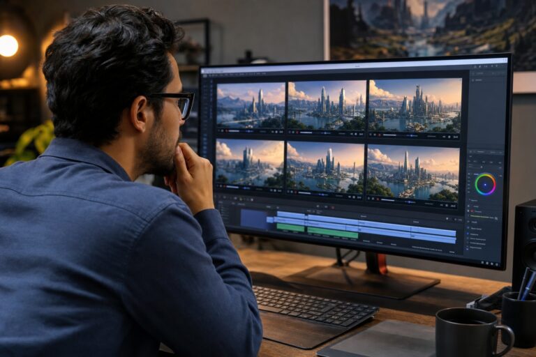 Creador de contenido revisa videos generados con IA en una sala de edicion antes de publicarlos en YouTube