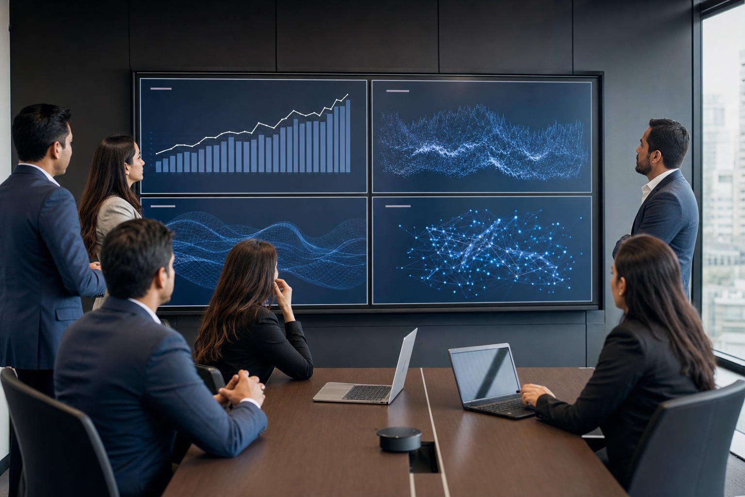 Equipo ejecutivo analizando las cuatro capas de la inteligencia artificial en una sala de juntas