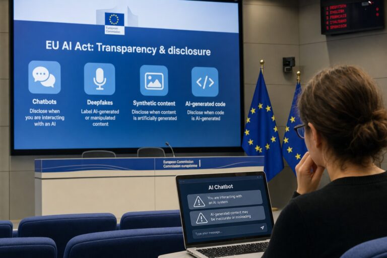 Pantalla de la Comisión Europea con avisos de transparencia para IA y deepfakes en un entorno de prensa en Bruselas