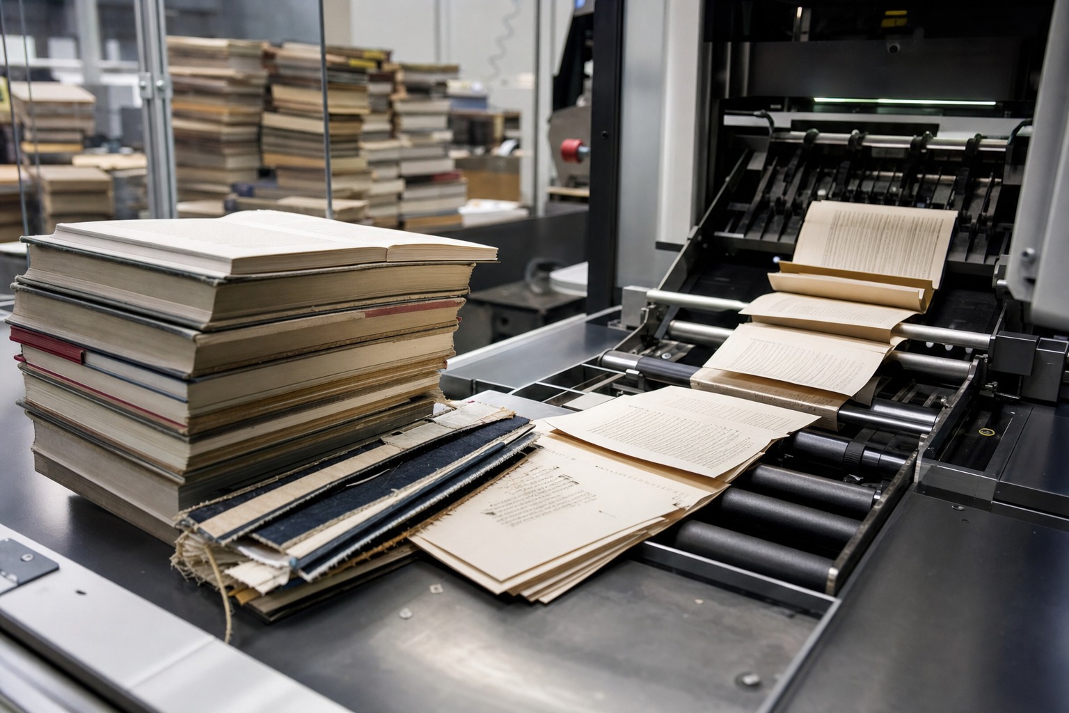 Montones de libros usados en una linea de escaneo industrial para entrenar modelos de inteligencia artificial