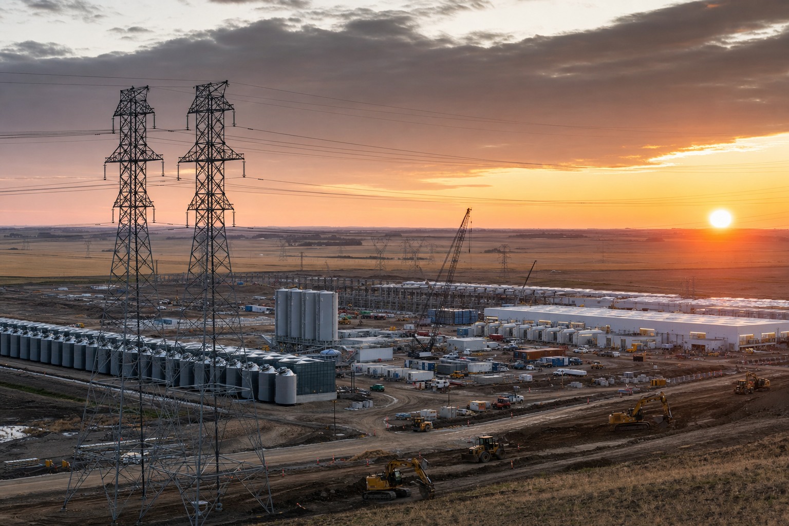 Centro de datos de Meta en construcción en Alberta, con infraestructura eléctrica y paisaje industrial al amanecer