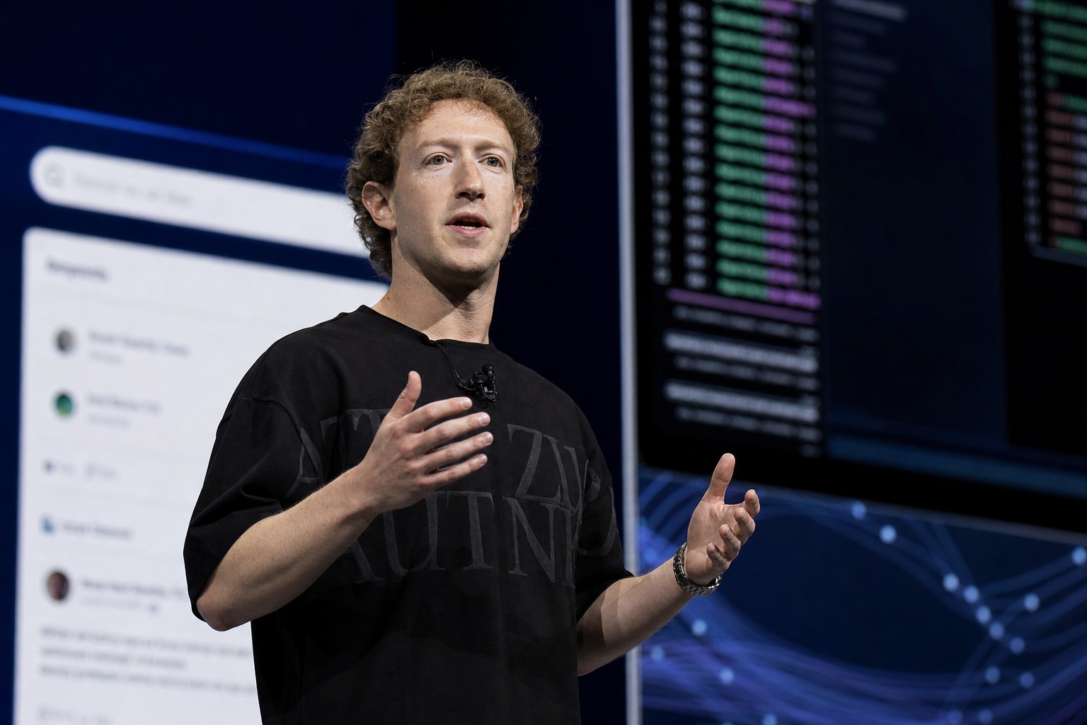 Mark Zuckerberg en una presentacion sobre agentes de inteligencia artificial de Meta, en una escena editorial realista