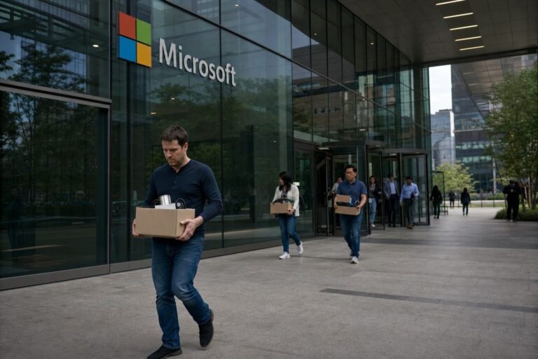 Ilustración editorial realista sobre los recortes de Microsoft y la reorganización por IA
