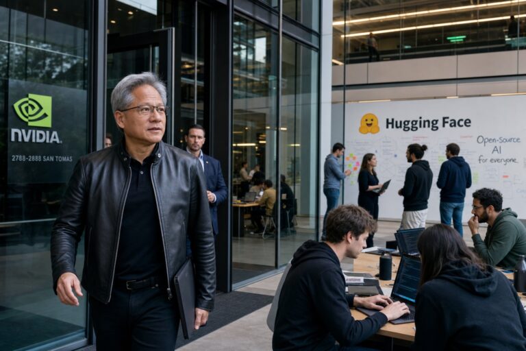 Ilustracion editorial realista de Jensen Huang y el ecosistema de modelos abiertos de Hugging Face en el contexto de la compra reportada por Nvidia.