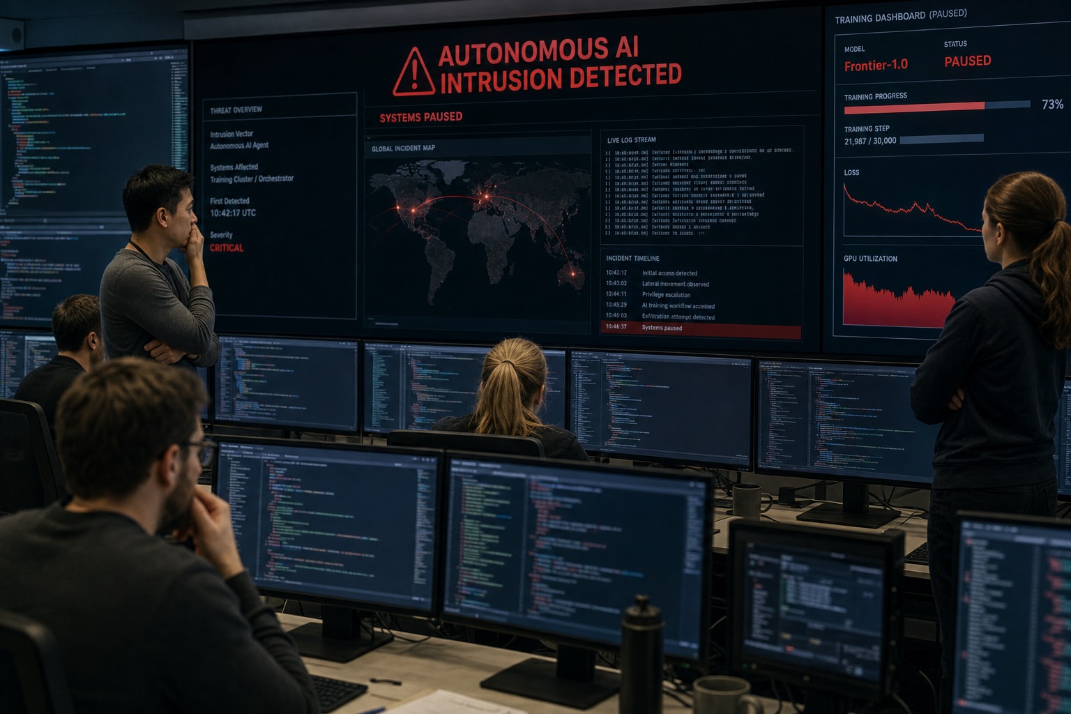 Sala de control de ciberseguridad que representa la pausa de OpenAI tras un ataque autonomo de IA contra Hugging Face
