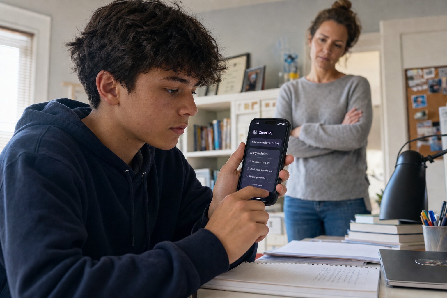Adolescente usando ChatGPT en su telefono con enfoque editorial sobrio sobre seguridad juvenil