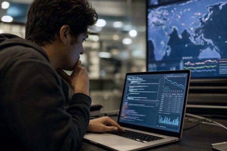 Desarrollador probando un modelo de inteligencia artificial anonimo en un portatil, imagen editorial realista sobre la irrupcion de Ox Alpha