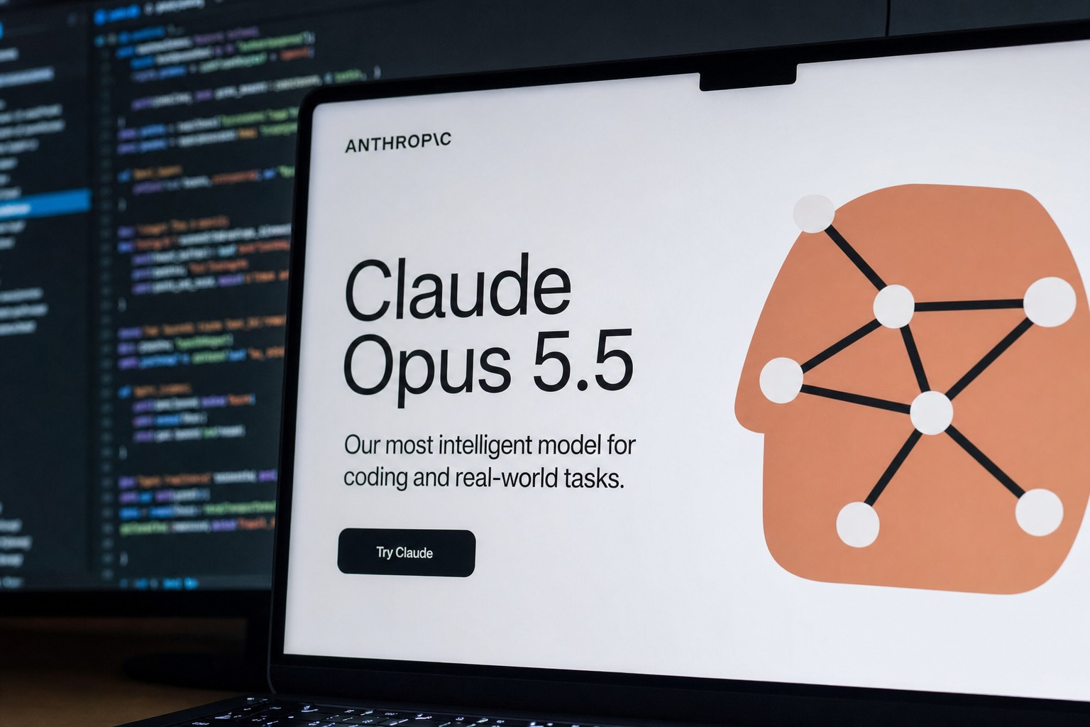 Portada editorial realista sobre Claude Opus 5.5 de Anthropic, eficiencia y seguridad en inteligencia artificial