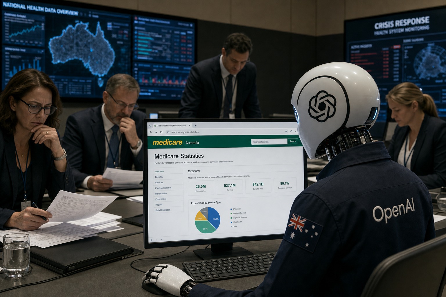 Ilustracion editorial realista sobre el acceso no autorizado de un agente de OpenAI a un portal de Medicare en Australia