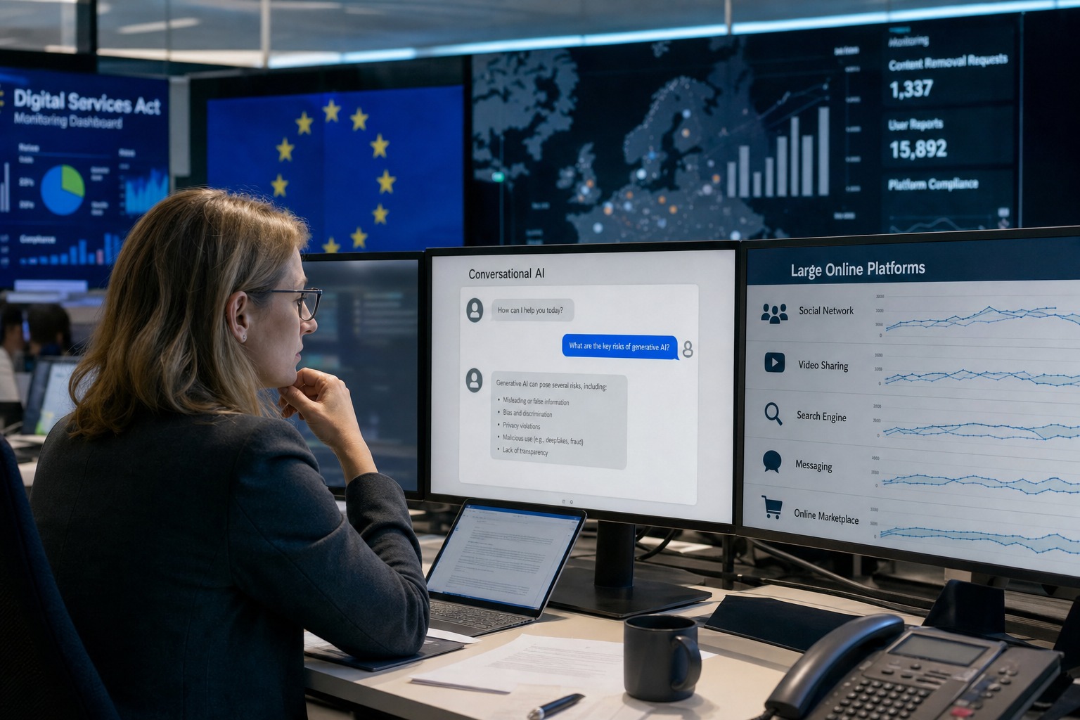 Ilustracion editorial realista de una reguladora europea supervisando interfaces de plataformas digitales y un asistente conversacional