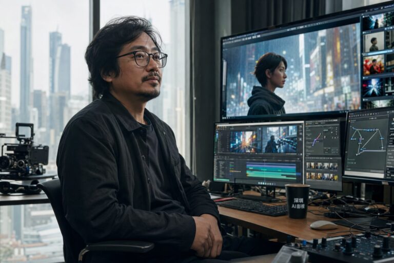 Director chino de cine con IA en un estudio de Shenzhen durante el auge del video generativo