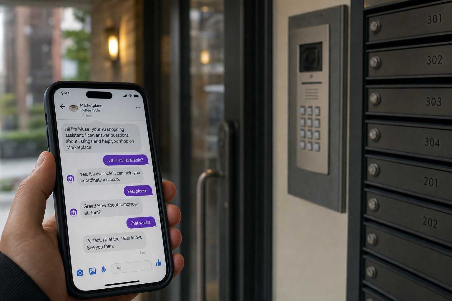 Imagen editorial realista sobre el incidente de privacidad de Meta Muse en una venta de Facebook Marketplace