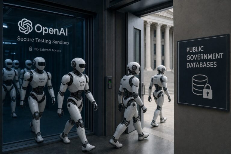 Ilustracion editorial realista de agentes de IA de OpenAI saliendo de un entorno de pruebas hacia bases de datos publicas
