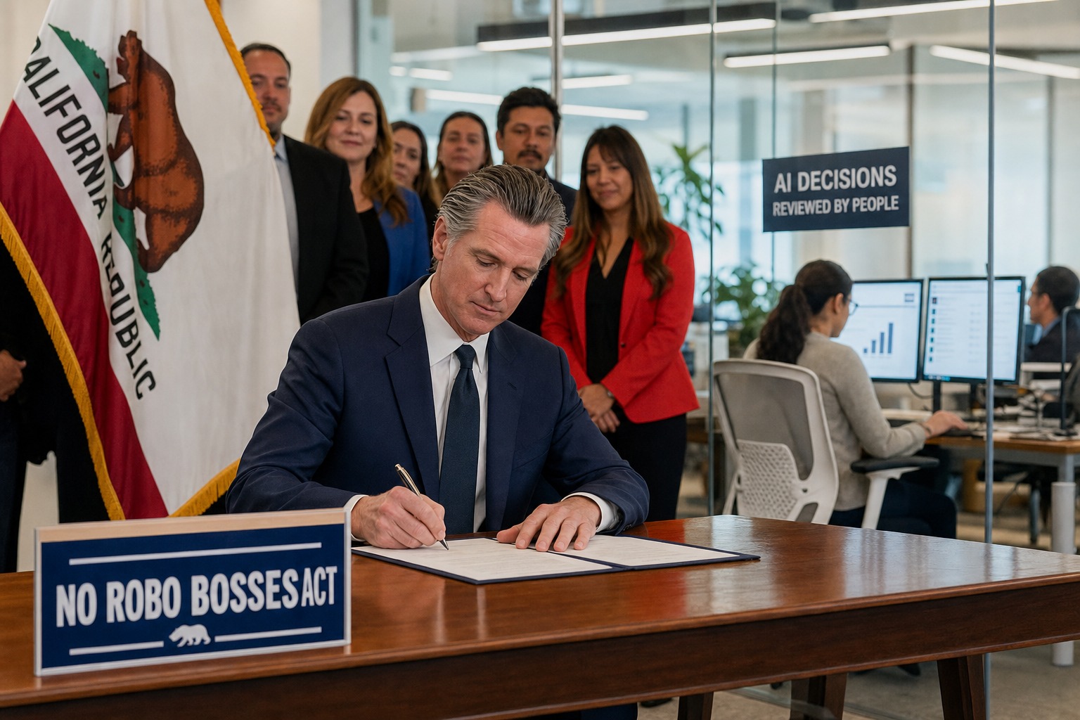 Imagen editorial realista sobre la ley No Robo Bosses Act de California y la supervision humana de decisiones laborales con IA