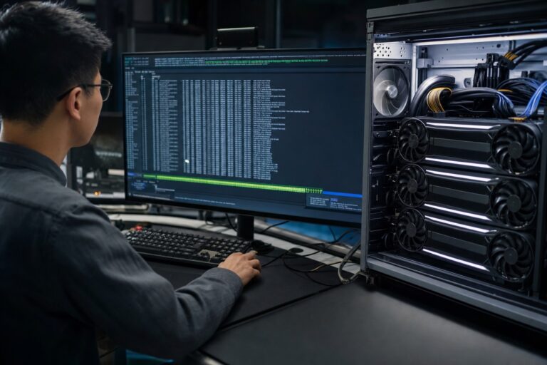 Visualización editorial realista de DeepSeek V4.1-Flash-1017 ejecutándose en hardware de IA