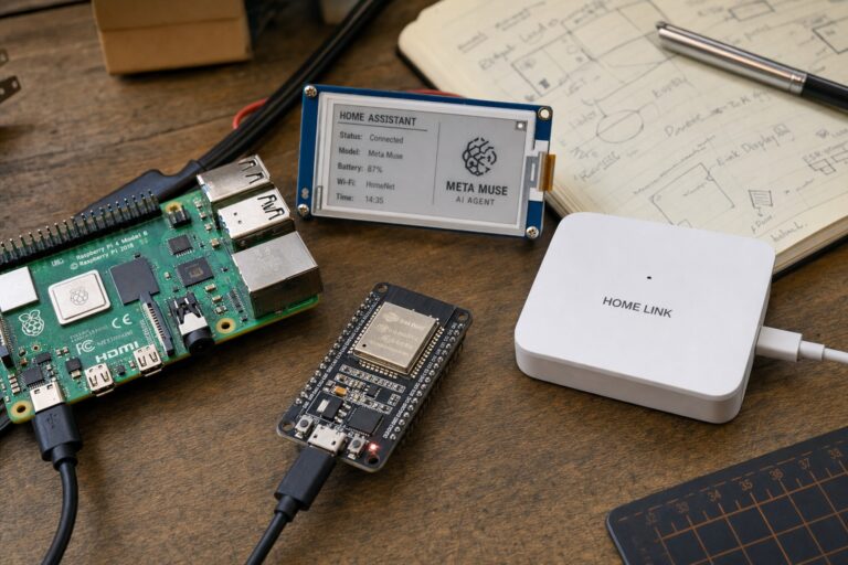 Hardware de Muse Gadgets sobre una mesa de trabajo, con Raspberry Pi, placa ESP32 y pantalla e-ink