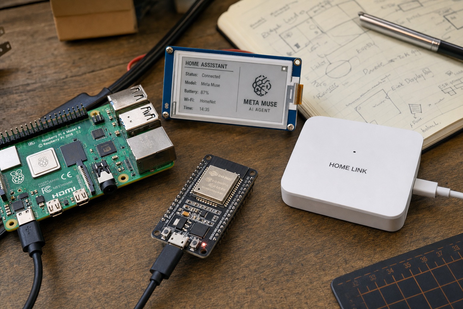 Hardware de Muse Gadgets sobre una mesa de trabajo, con Raspberry Pi, placa ESP32 y pantalla e-ink