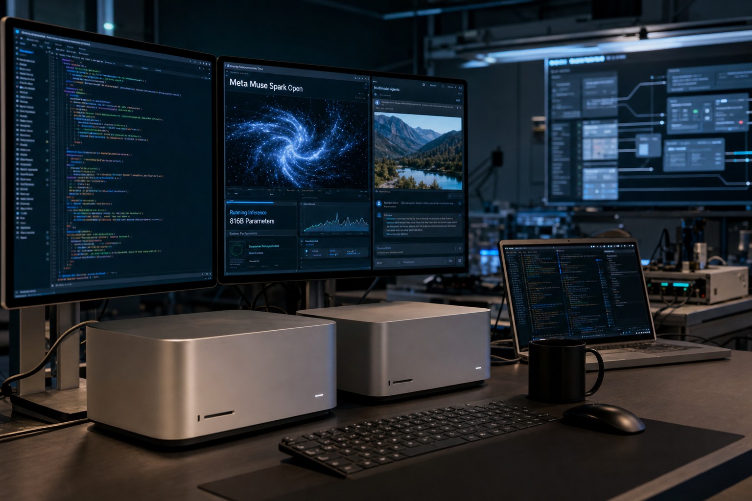 Representación editorial realista de Muse Spark Open de Meta ejecutándose localmente en dos estaciones de trabajo Mac Studio