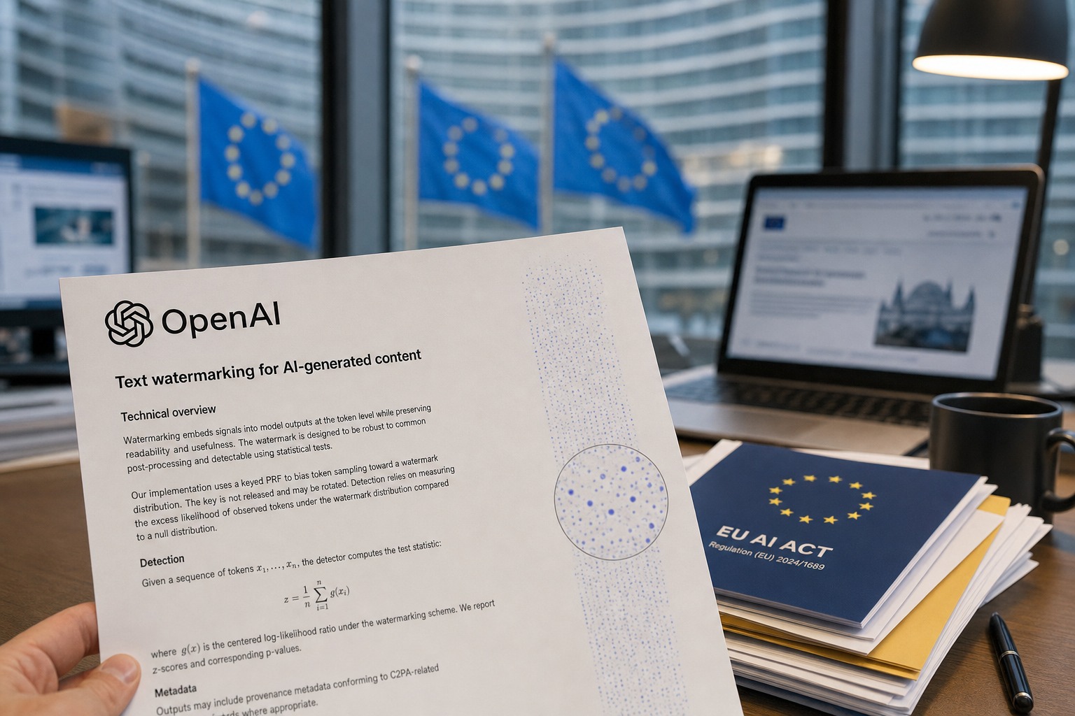 Documento con marcas de procedencia digital de texto de OpenAI en el contexto de la Ley de IA de la Unión Europea