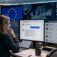 Ilustracion editorial realista de una reguladora europea supervisando interfaces de plataformas digitales y un asistente conversacional
