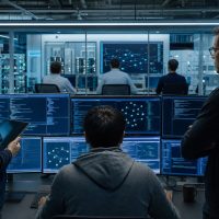 Fotografia editorial realista de una prueba de ciberseguridad de IA con Gemini bajo supervision humana