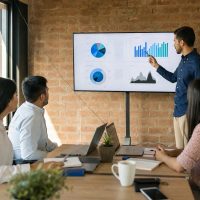 Equipo de emprendedores analizando datos para tomar decisiones en un entorno cambiante