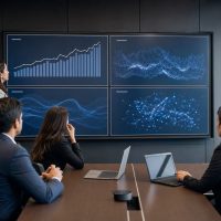 Equipo ejecutivo analizando las cuatro capas de la inteligencia artificial en una sala de juntas